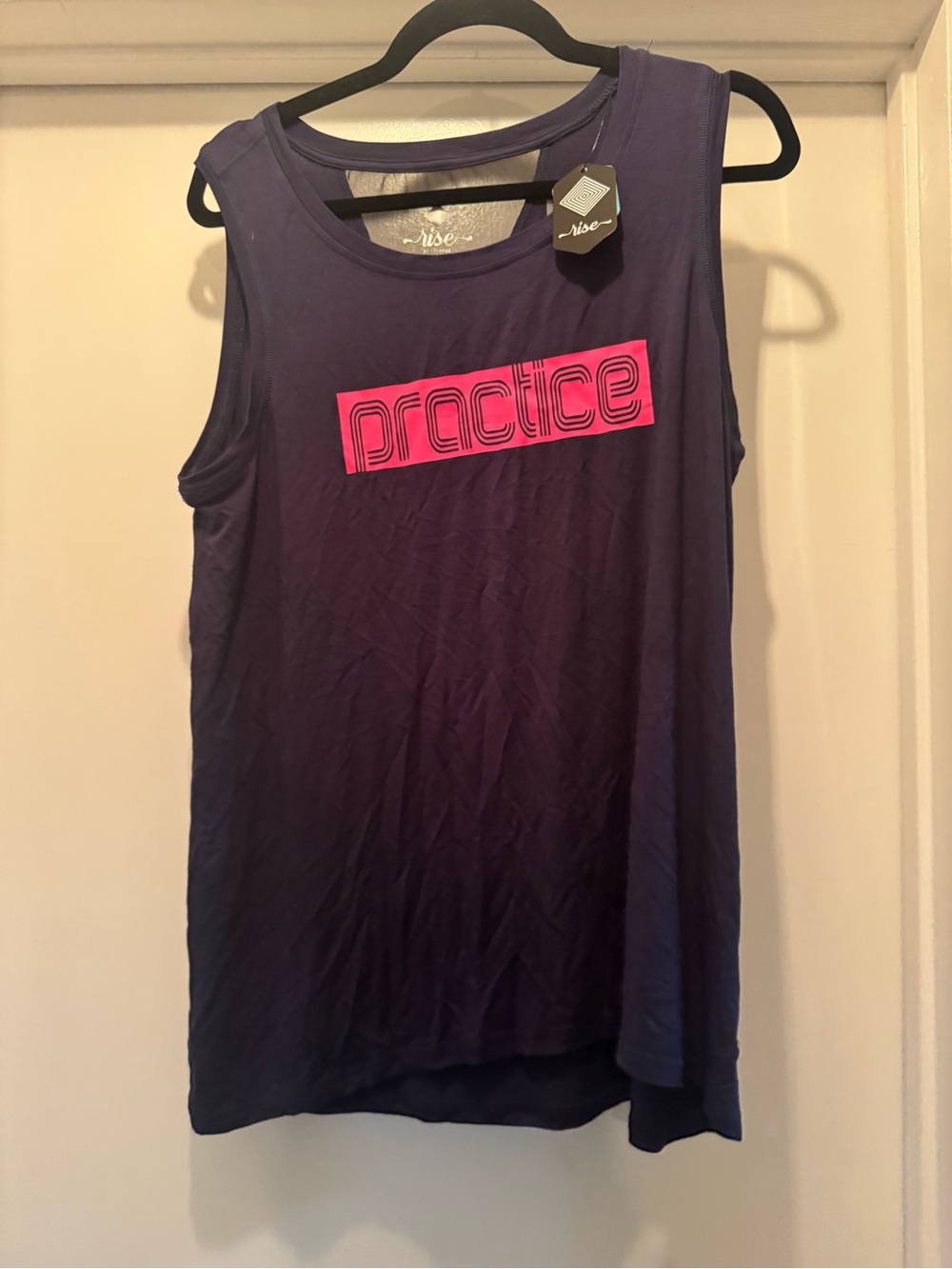 LuLaRoe Rise Strong Navy Tank Top with Pink 'practice' Graphic